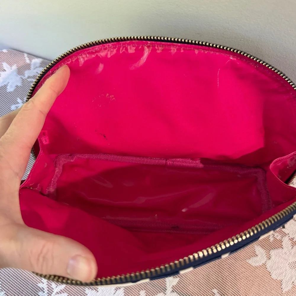 Trina Turk Cosmetic Bag Womens OS Navy White Floral Good Saffiano Dome Pouch
